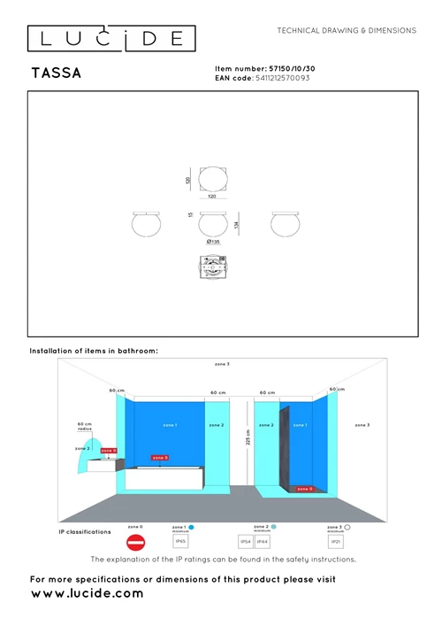 Lucide TASSA - Plafonnière Badkamer - Ø 13,5 cm - LED Dim to warm - 1x12W 1800K/3000K - IP40 - Zwart - technisch